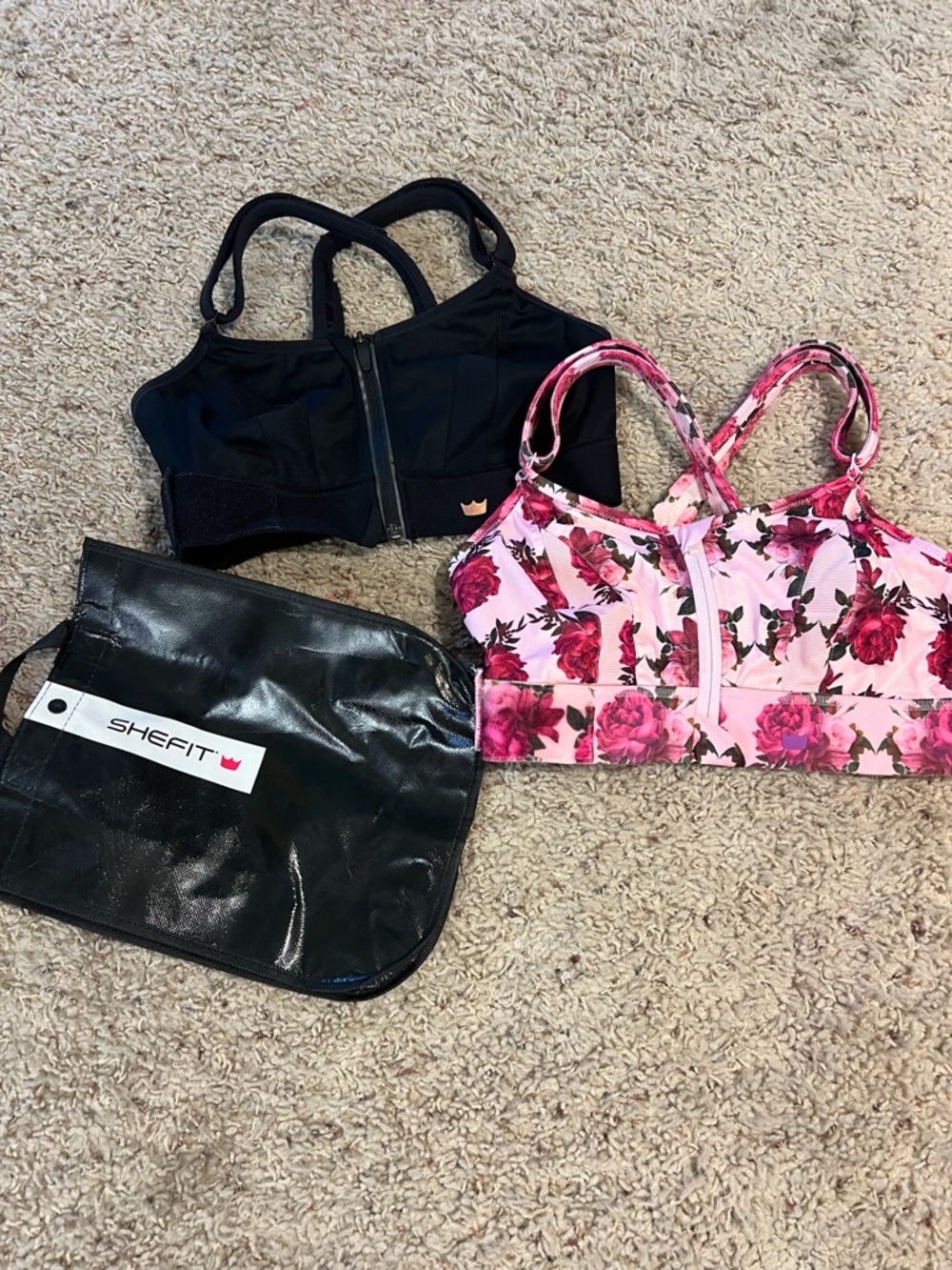 SHEFIT Pink Floral and Black Front-Zip Sports Bra (2 pack) - Picture 2 of 8